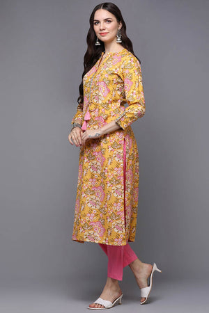 Yellow Cotton Floral Print Mandarin Collar Kurti