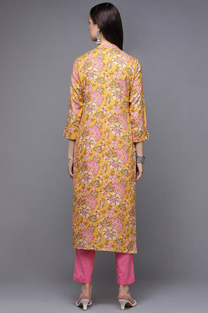 Yellow Cotton Floral Print Mandarin Collar Kurti