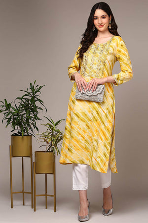 Yellow Rayon Floral Print Round Neck Kurti