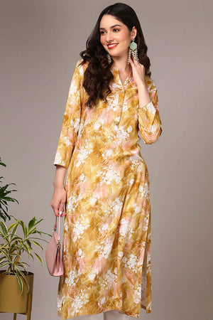 Yellow Rayon Floral Straight Kurti