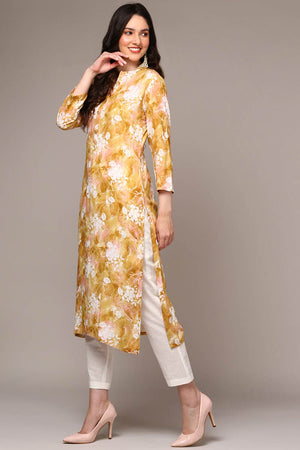 Yellow Rayon Floral Straight Kurti