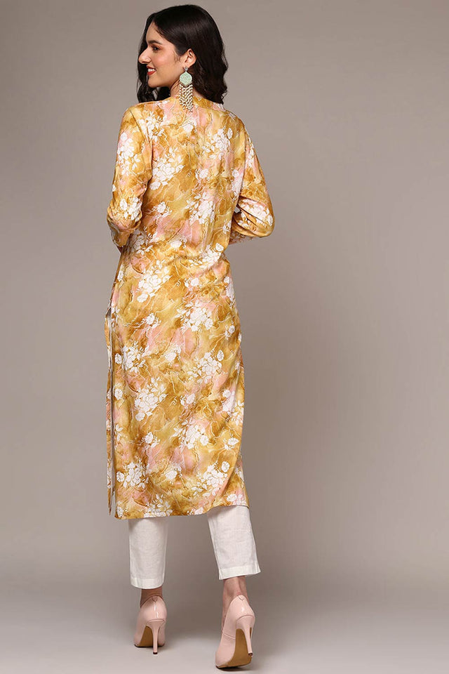 Yellow Rayon Floral Straight Kurti