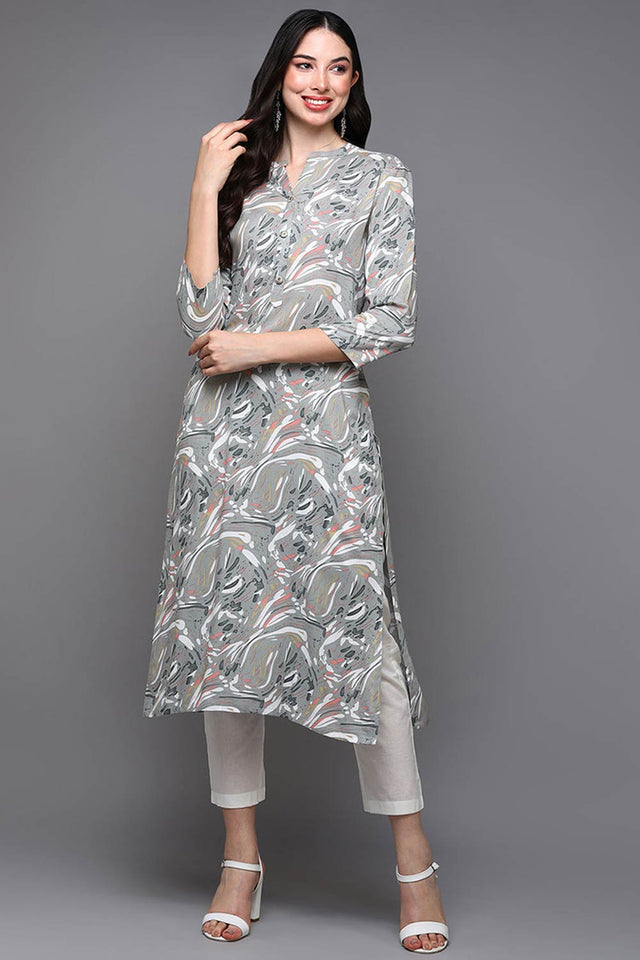 Grey Rayon Bandhani Band Collar Kurti