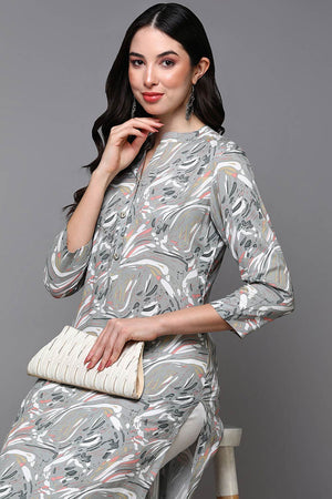 Grey Rayon Bandhani Band Collar Kurti