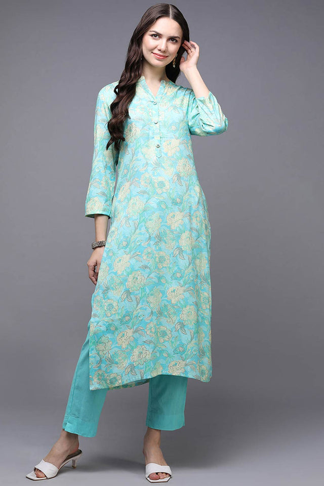 Blue Rayon Floral Print Mandarin Collar Kurti