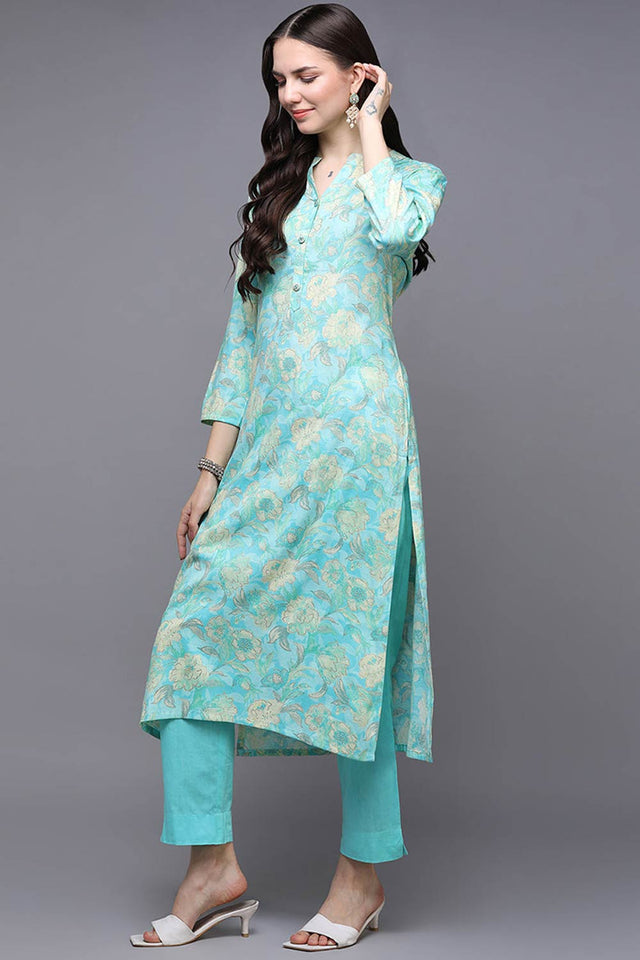 Blue Rayon Floral Print Mandarin Collar Kurti