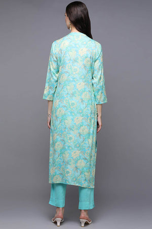 Blue Rayon Floral Print Mandarin Collar Kurti