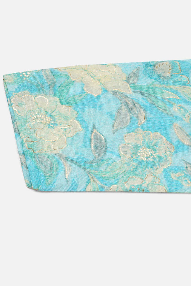 Blue Rayon Floral Print Mandarin Collar Kurti