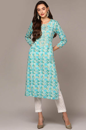 Blue Rayon Bandhani Shirt Collar Kurti