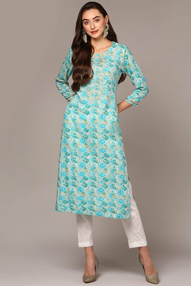 Blue Rayon Bandhani Shirt Collar Kurti