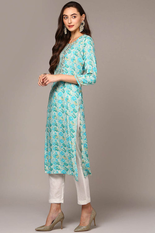 Blue Rayon Bandhani Shirt Collar Kurti
