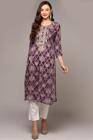 Purple Rayon Round Neck Kurti
