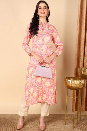 Pink Rayon Embroidered Mandarin Collar Kurti