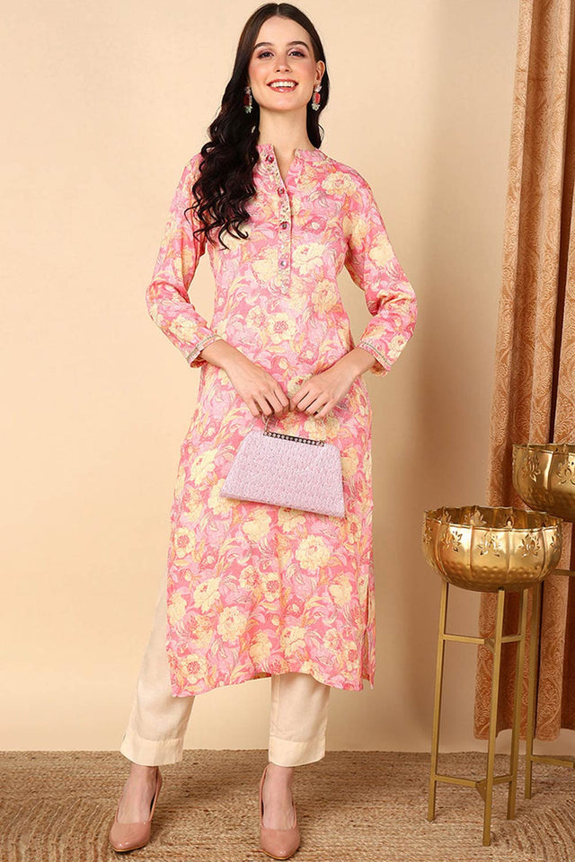 Pink Rayon Embroidered Mandarin Collar Kurti