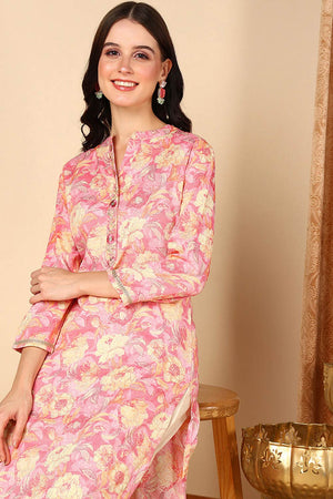 Pink Rayon Embroidered Mandarin Collar Kurti