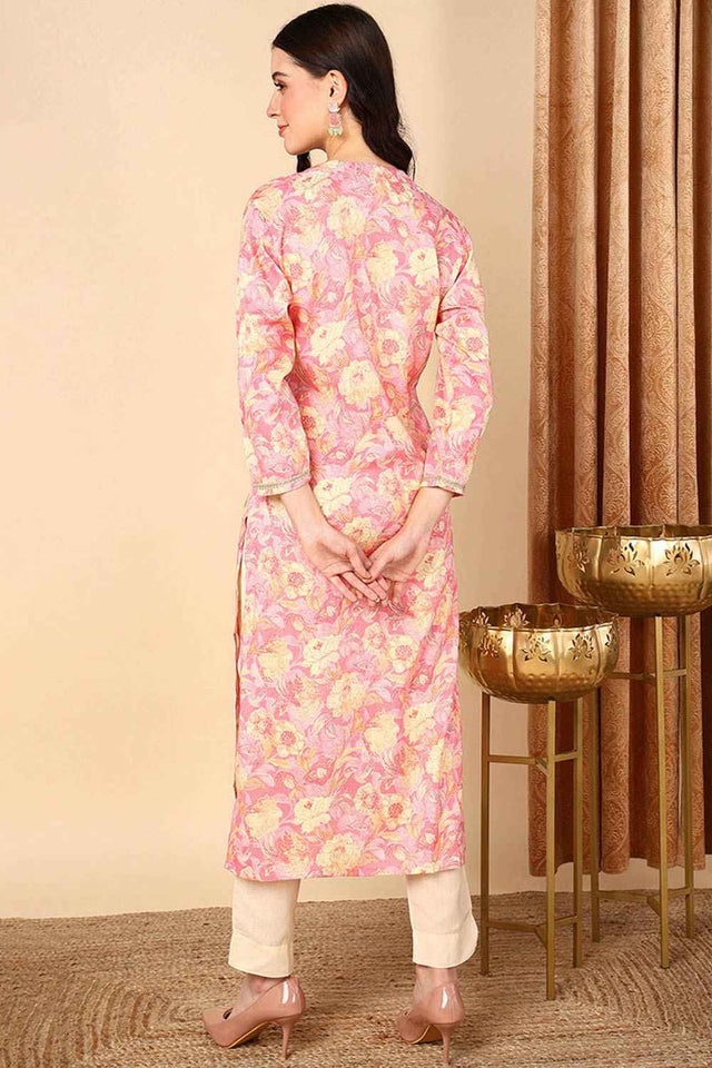 Pink Rayon Embroidered Mandarin Collar Kurti
