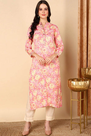 Pink Rayon Embroidered Mandarin Collar Kurti