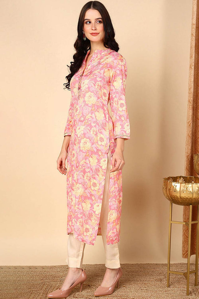 Pink Rayon Embroidered Mandarin Collar Kurti