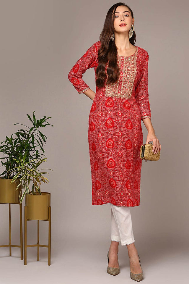 Red Rayon Bandhani Round Neck Kurti
