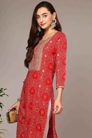 Red Rayon Bandhani Round Neck Kurti