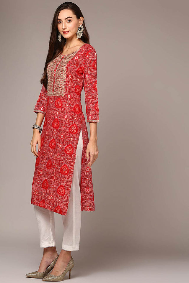 Red Rayon Bandhani Round Neck Kurti