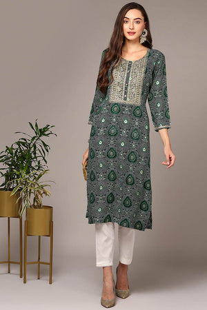 Green Rayon Embroidered Round Neck Kurti