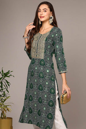 Green Rayon Embroidered Round Neck Kurti
