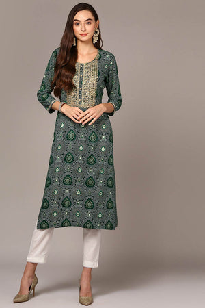 Green Rayon Embroidered Round Neck Kurti