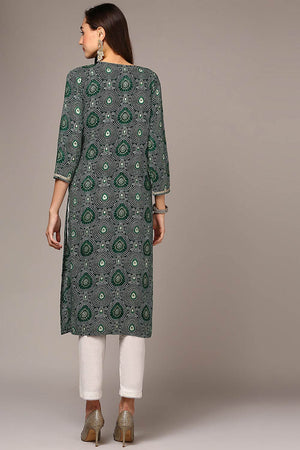Green Rayon Embroidered Round Neck Kurti