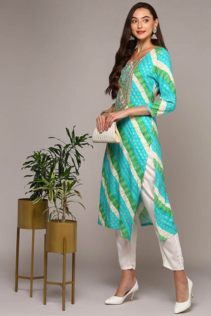 Blue Rayon Embroidered Round Neck Kurti