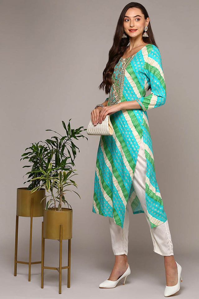 Blue Rayon Embroidered Round Neck Kurti