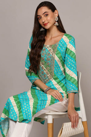 Blue Rayon Embroidered Round Neck Kurti