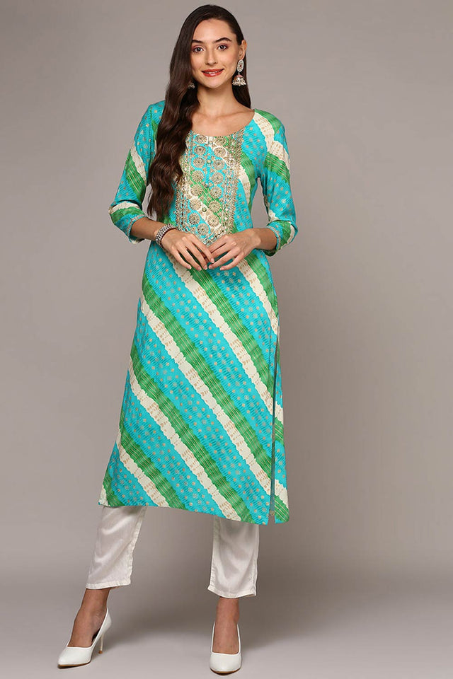 Blue Rayon Embroidered Round Neck Kurti