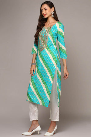 Blue Rayon Embroidered Round Neck Kurti