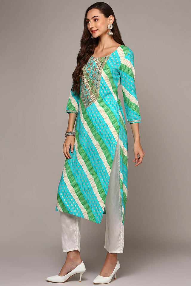 Blue Rayon Embroidered Round Neck Kurti