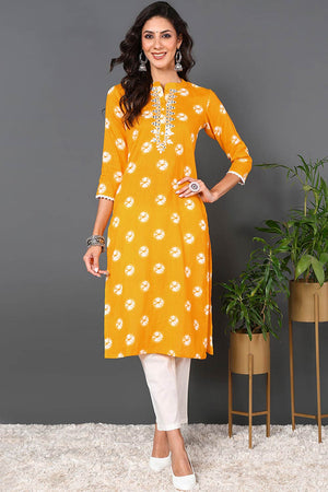 Yellow Cotton Embroidered Round Neck Kurti