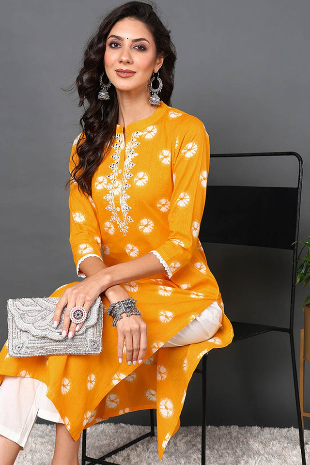 Yellow Cotton Embroidered Round Neck Kurti
