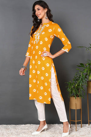 Yellow Cotton Embroidered Round Neck Kurti