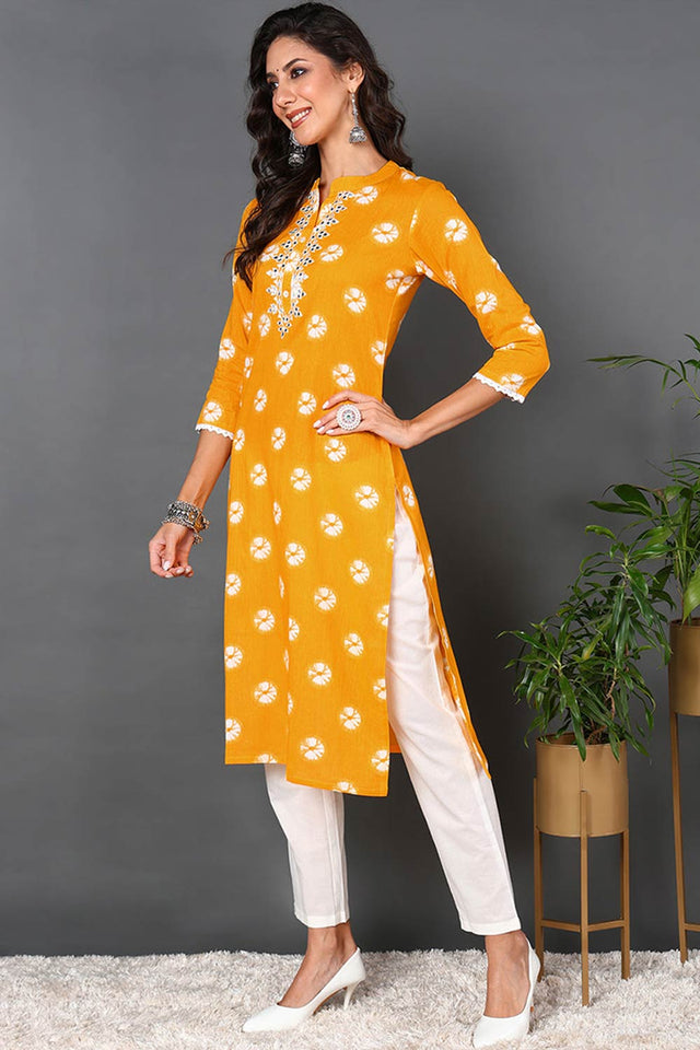 Yellow Cotton Embroidered Round Neck Kurti