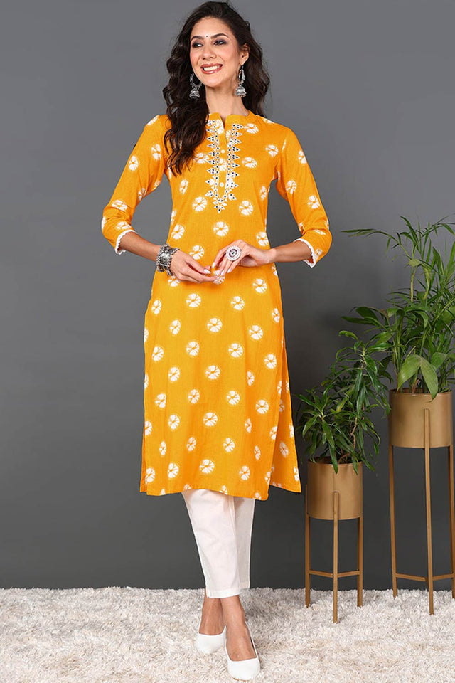 Yellow Cotton Embroidered Round Neck Kurti