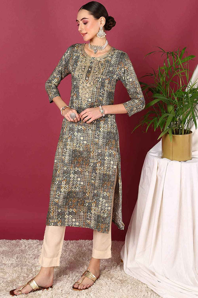Blue Rayon Printed Straight Kurti