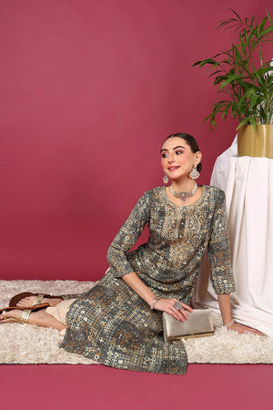 Blue Rayon Printed Straight Kurti