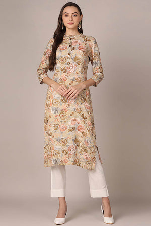 Brown Rayon Floral Print Mandarin Collar Kurti
