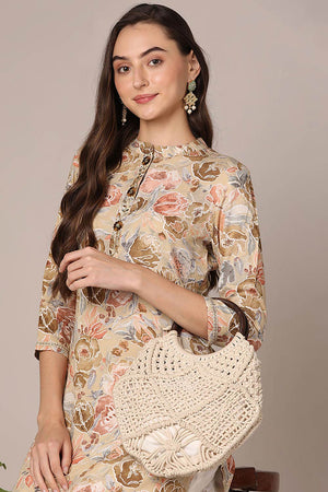 Brown Rayon Floral Print Mandarin Collar Kurti