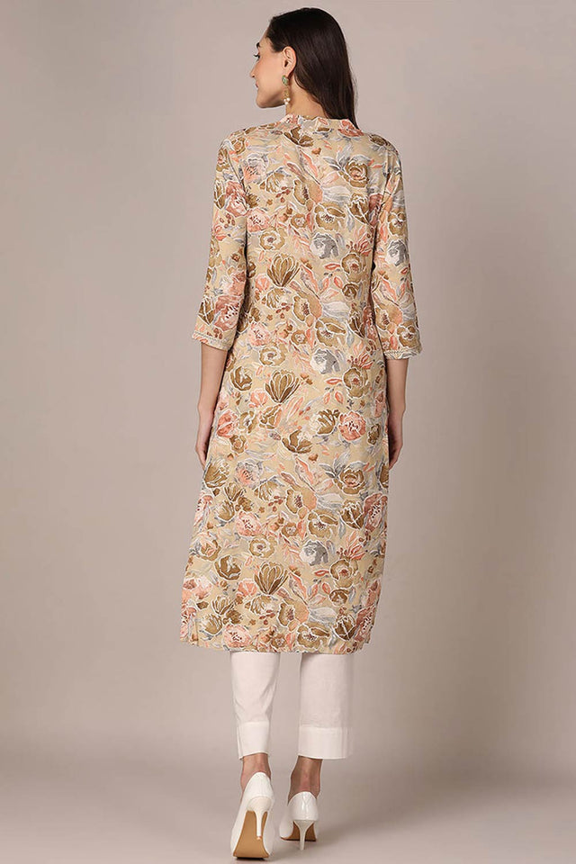 Brown Rayon Floral Print Mandarin Collar Kurti