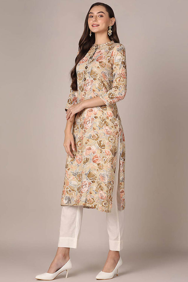 Brown Rayon Floral Print Mandarin Collar Kurti