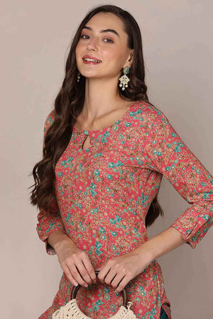 Pink Rayon Embroidered Keyhole Neck Kurti