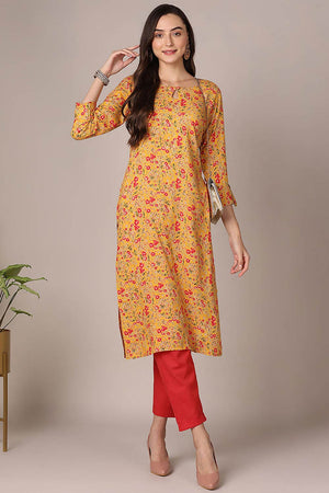Yellow Rayon Floral Straight Kurti