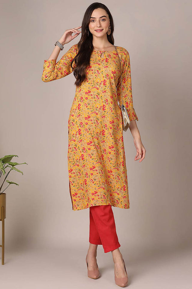 Yellow Rayon Floral Straight Kurti