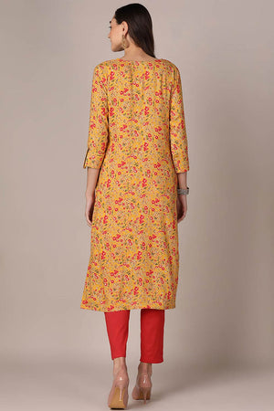 Yellow Rayon Floral Straight Kurti